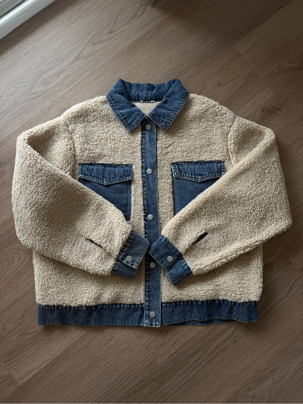 Cream Sherpa Jacket with Denim Trim